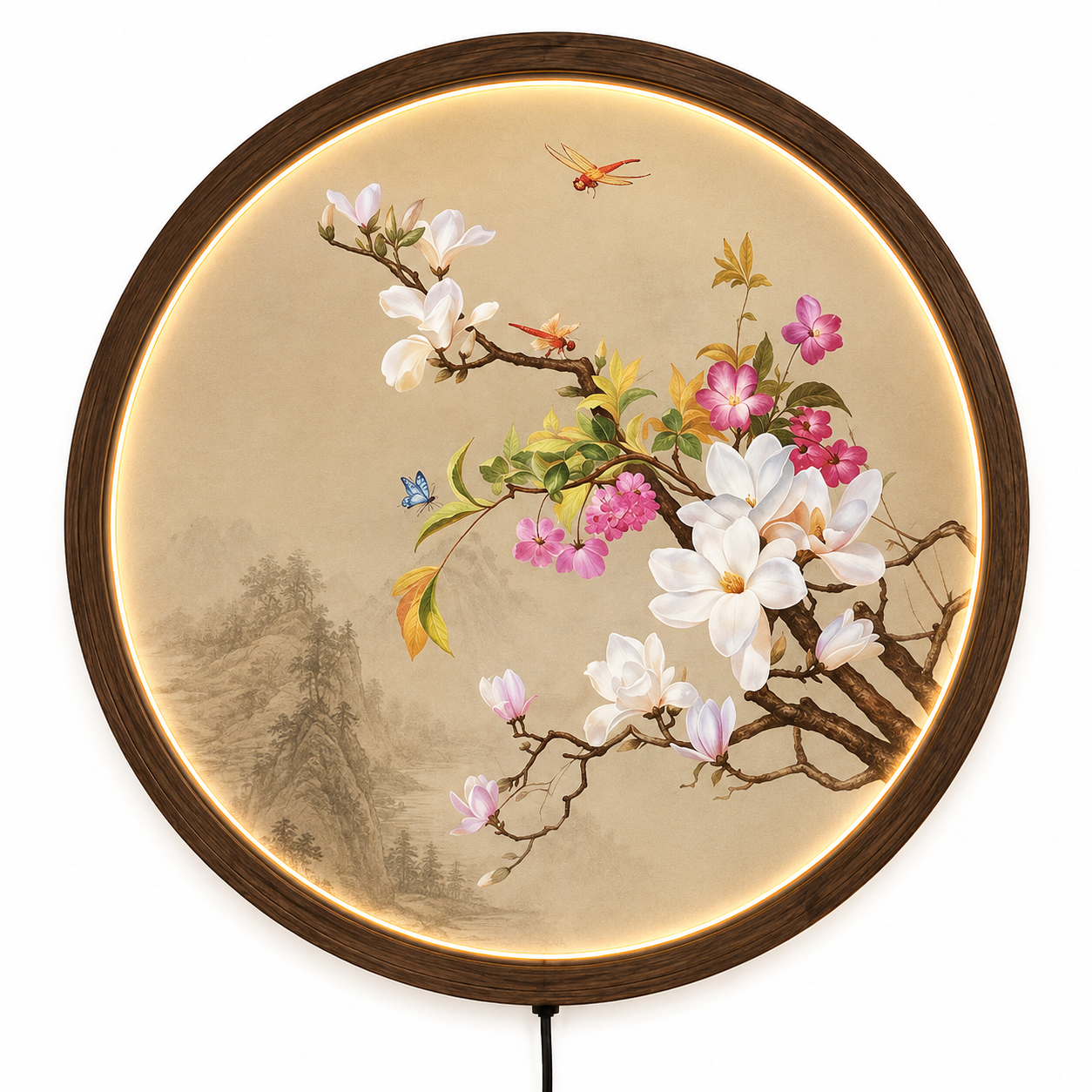 Magnolia Blossom LED Wall Art, Round Floral Lighted Wall Decor, Asian Botanical Wall Lamp, Japanese Flower Art, Illuminated Home Decor Gift