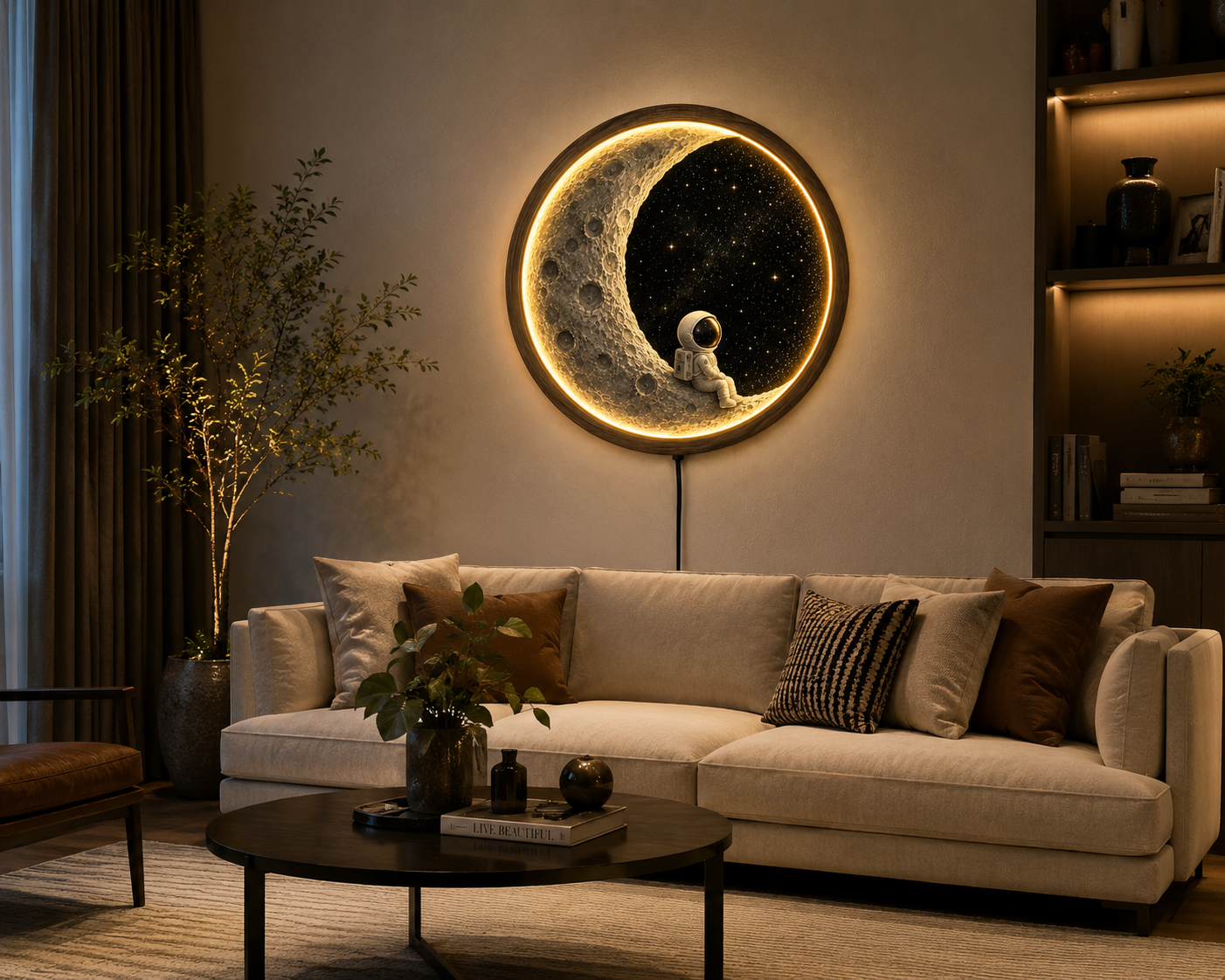 Moon Wall Art with Astronaut LED Light, Crescent Moon Decor, Space Wall Hanging, Nursery Bedroom Decor, Wooden Round Lamp, Galaxy Gift
