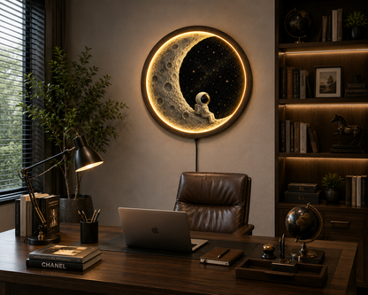 Moon Wall Art with Astronaut LED Light, Crescent Moon Decor, Space Wall Hanging, Nursery Bedroom Decor, Wooden Round Lamp, Galaxy Gift