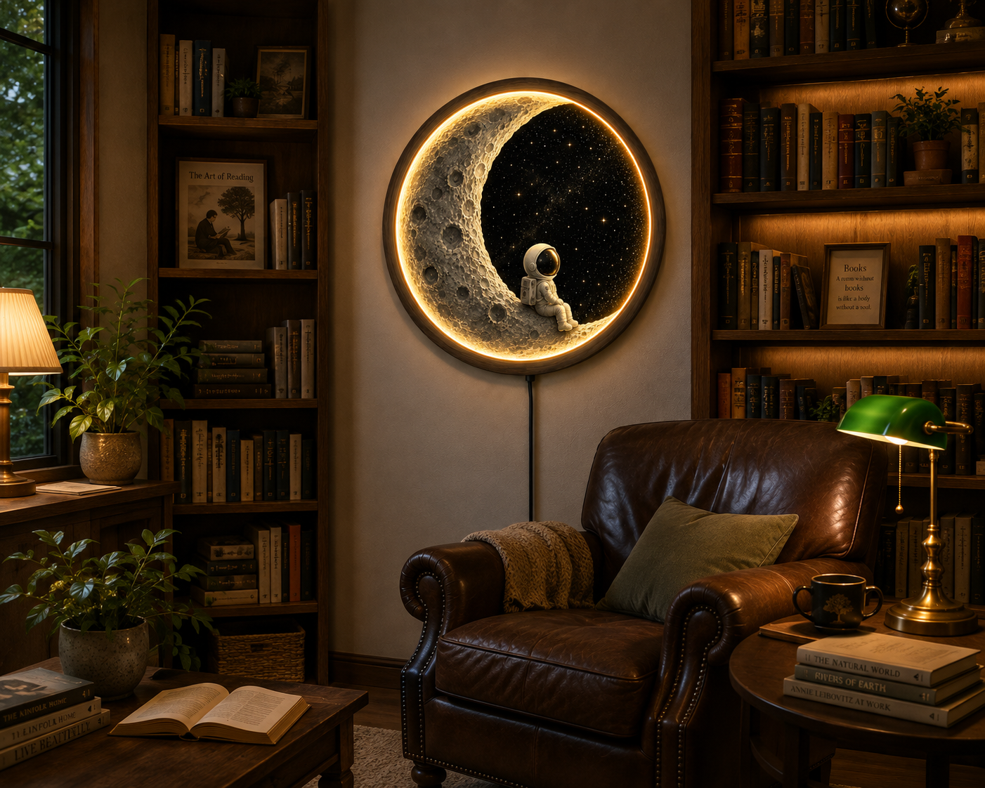 Moon Wall Art with Astronaut LED Light, Crescent Moon Decor, Space Wall Hanging, Nursery Bedroom Decor, Wooden Round Lamp, Galaxy Gift