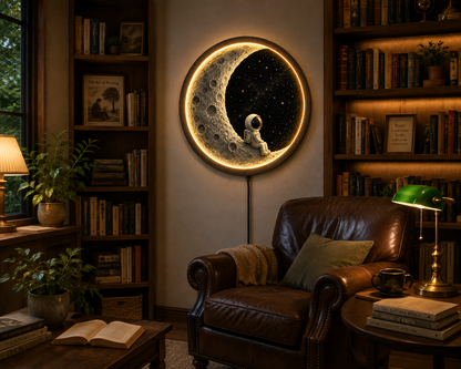 Moon Wall Art with Astronaut LED Light, Crescent Moon Decor, Space Wall Hanging, Nursery Bedroom Decor, Wooden Round Lamp, Galaxy Gift