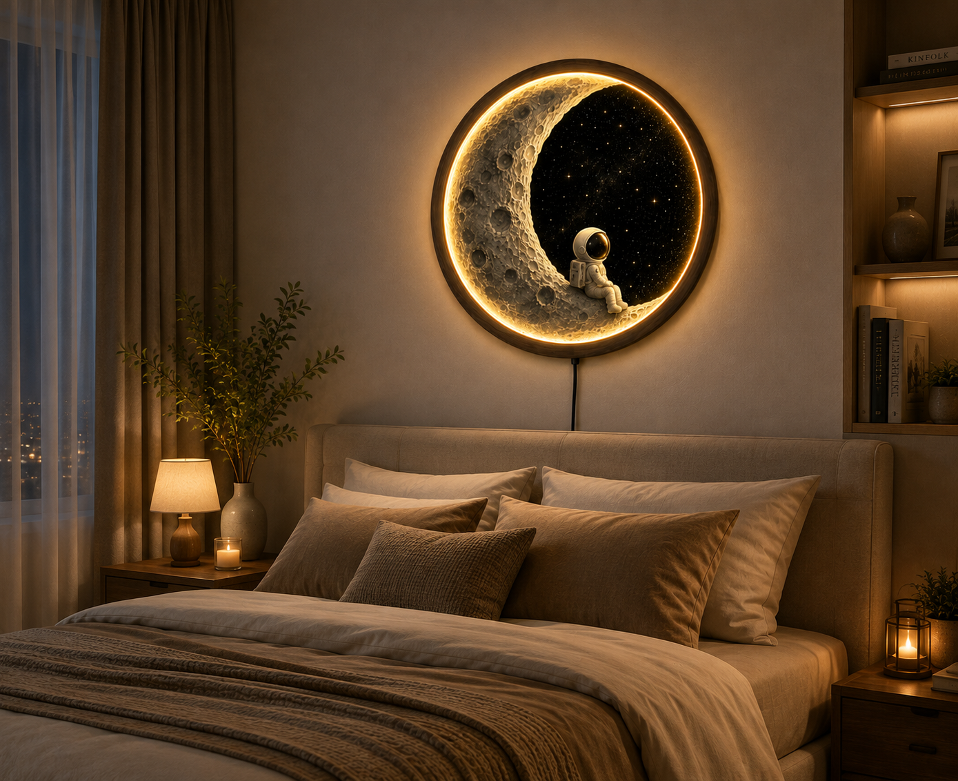 Moon Wall Art with Astronaut LED Light, Crescent Moon Decor, Space Wall Hanging, Nursery Bedroom Decor, Wooden Round Lamp, Galaxy Gift