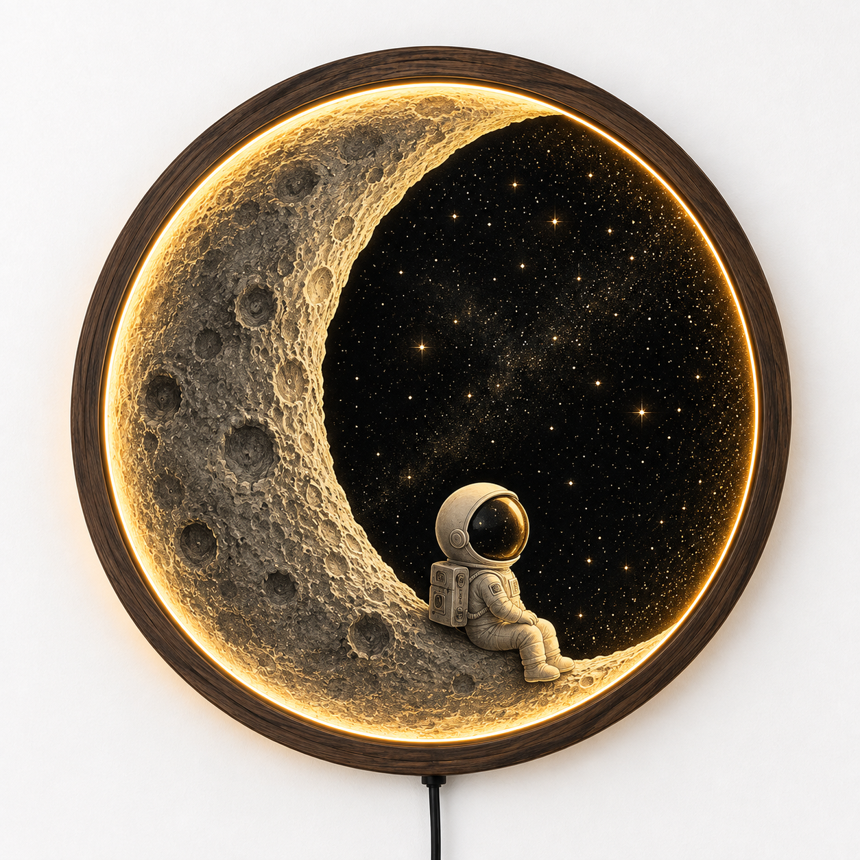 Moon Wall Art with Astronaut LED Light, Crescent Moon Decor, Space Wall Hanging, Nursery Bedroom Decor, Wooden Round Lamp, Galaxy Gift