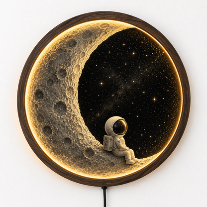 Moon Wall Art with Astronaut LED Light, Crescent Moon Decor, Space Wall Hanging, Nursery Bedroom Decor, Wooden Round Lamp, Galaxy Gift