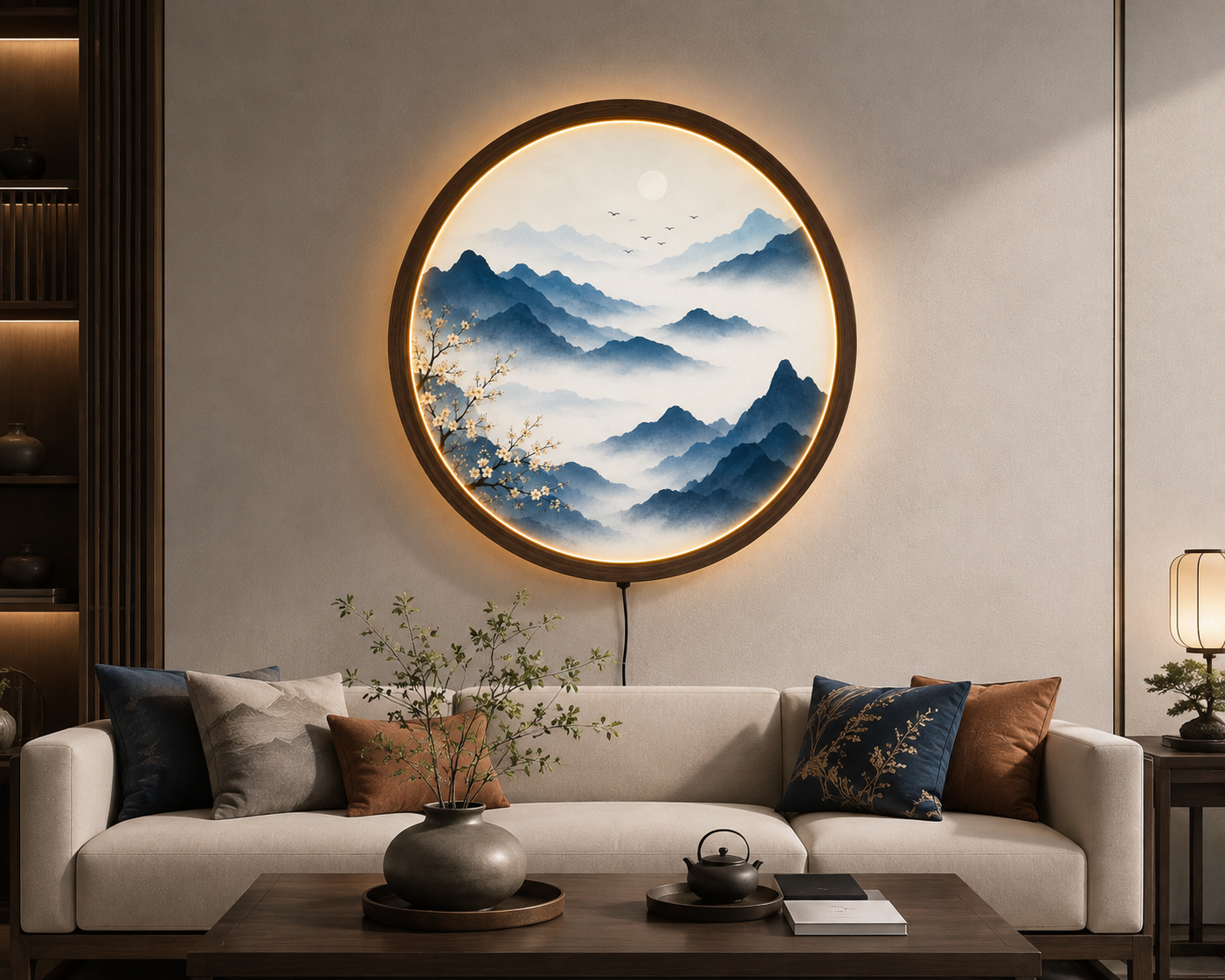 Round LED Mountain Wall Art, Blue Landscape Wall Decor, Acrylic Lighted Wall Hanging, Zen Nature Decor, Bedroom Living Room Gift