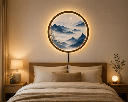 Round LED Mountain Wall Art, Blue Landscape Wall Decor, Acrylic Lighted Wall Hanging, Zen Nature Decor, Bedroom Living Room Gift