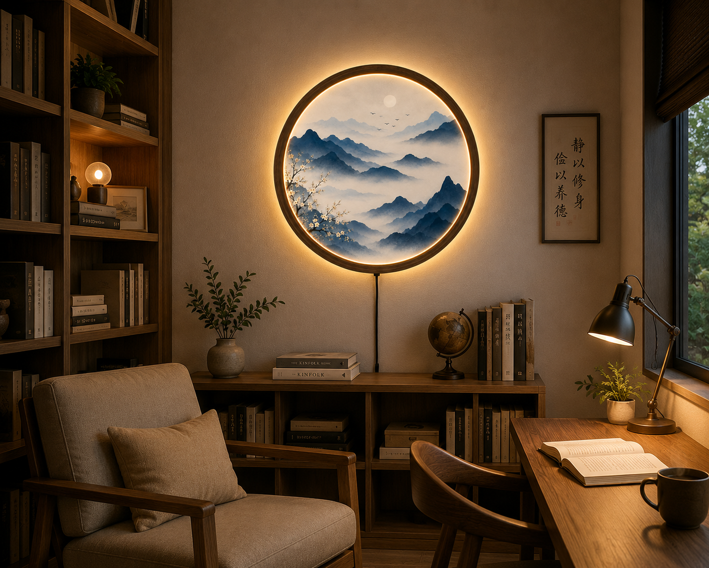 Round LED Mountain Wall Art, Blue Landscape Wall Decor, Acrylic Lighted Wall Hanging, Zen Nature Decor, Bedroom Living Room Gift