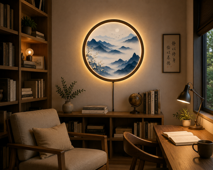 Round LED Mountain Wall Art, Blue Landscape Wall Decor, Acrylic Lighted Wall Hanging, Zen Nature Decor, Bedroom Living Room Gift