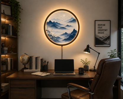 Round LED Mountain Wall Art, Blue Landscape Wall Decor, Acrylic Lighted Wall Hanging, Zen Nature Decor, Bedroom Living Room Gift
