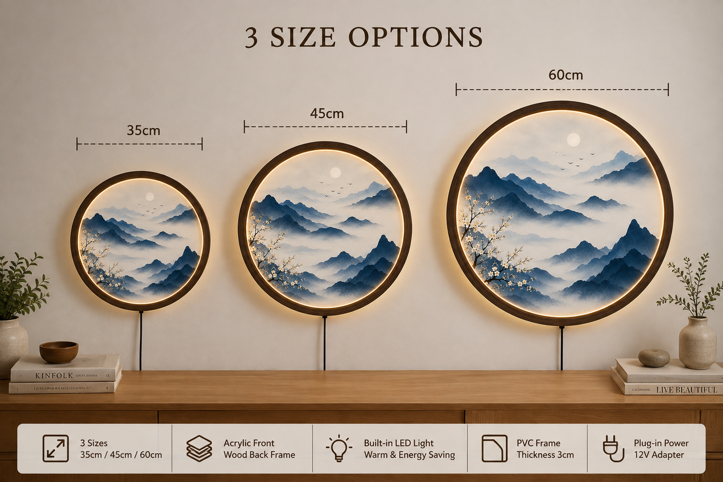 Round LED Mountain Wall Art, Blue Landscape Wall Decor, Acrylic Lighted Wall Hanging, Zen Nature Decor, Bedroom Living Room Gift