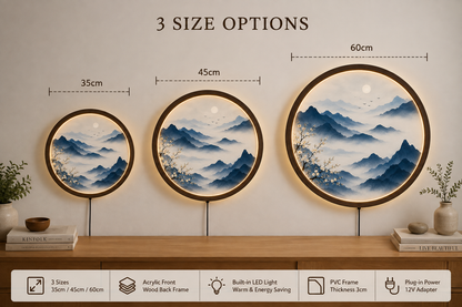 Round LED Mountain Wall Art, Blue Landscape Wall Decor, Acrylic Lighted Wall Hanging, Zen Nature Decor, Bedroom Living Room Gift
