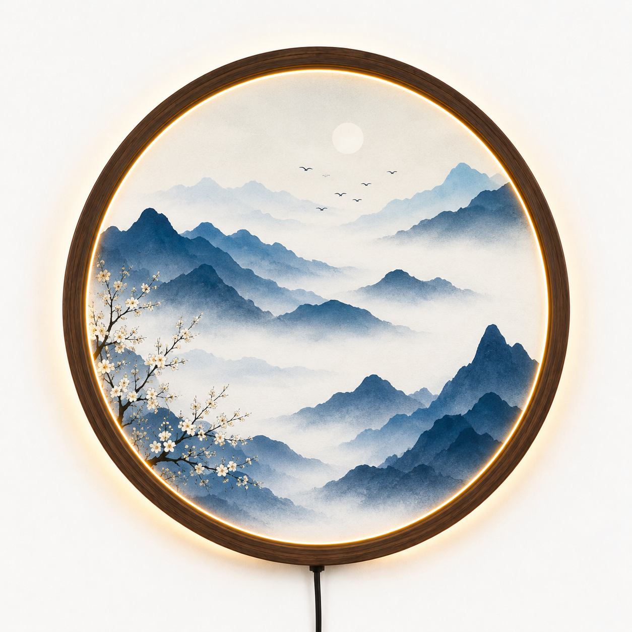 Round LED Mountain Wall Art, Blue Landscape Wall Decor, Acrylic Lighted Wall Hanging, Zen Nature Decor, Bedroom Living Room Gift