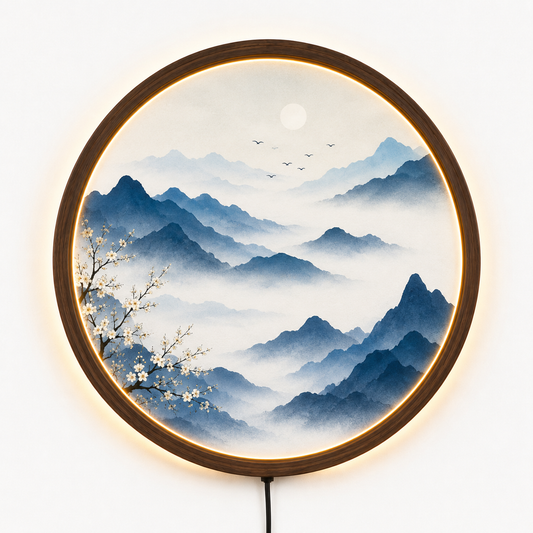 Round LED Mountain Wall Art, Blue Landscape Wall Decor, Acrylic Lighted Wall Hanging, Zen Nature Decor, Bedroom Living Room Gift