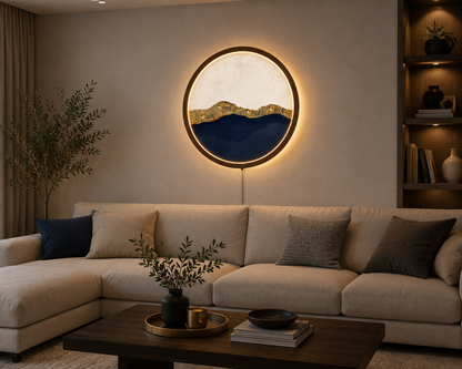 Abstract Mountain LED Wall Art, Modern Minimalist Round Wall Decor, Luxury Gold Blue Landscape Lamp, Wooden Wall Light, Living Room Decor