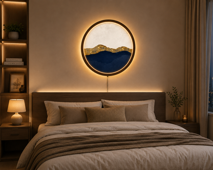 Abstract Mountain LED Wall Art, Modern Minimalist Round Wall Decor, Luxury Gold Blue Landscape Lamp, Wooden Wall Light, Living Room Decor