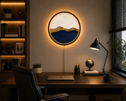 Abstract Mountain LED Wall Art, Modern Minimalist Round Wall Decor, Luxury Gold Blue Landscape Lamp, Wooden Wall Light, Living Room Decor