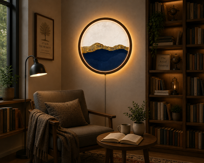 Abstract Mountain LED Wall Art, Modern Minimalist Round Wall Decor, Luxury Gold Blue Landscape Lamp, Wooden Wall Light, Living Room Decor