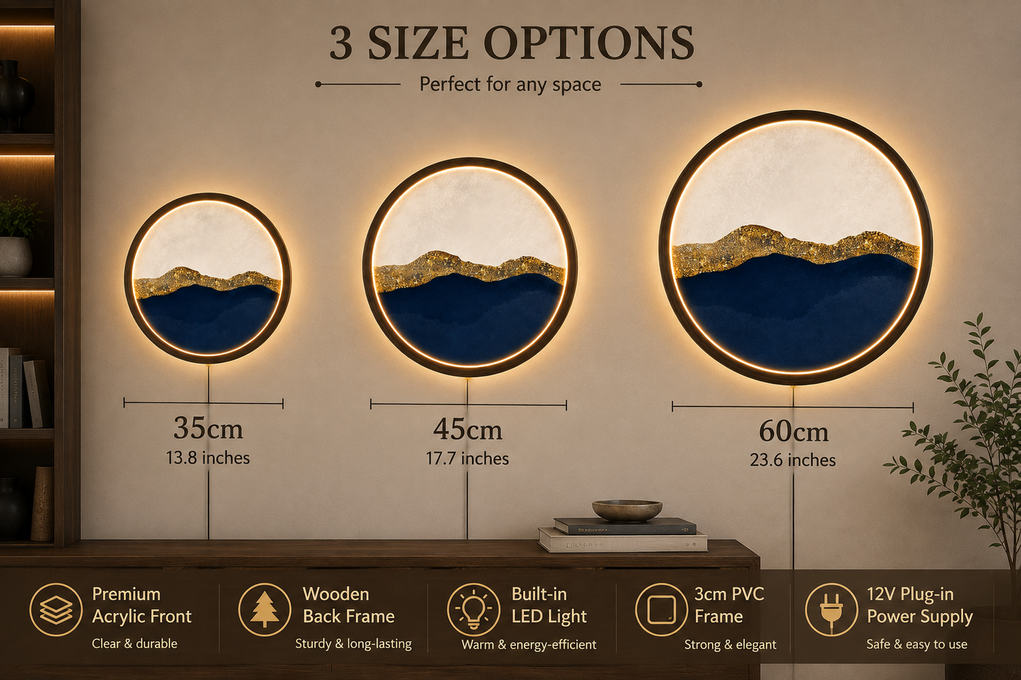 Abstract Mountain LED Wall Art, Modern Minimalist Round Wall Decor, Luxury Gold Blue Landscape Lamp, Wooden Wall Light, Living Room Decor