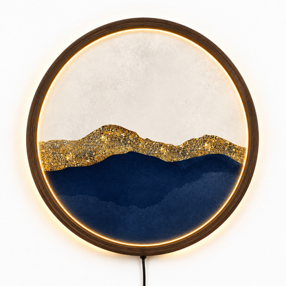 Abstract Mountain LED Wall Art, Modern Minimalist Round Wall Decor, Luxury Gold Blue Landscape Lamp, Wooden Wall Light, Living Room Decor
