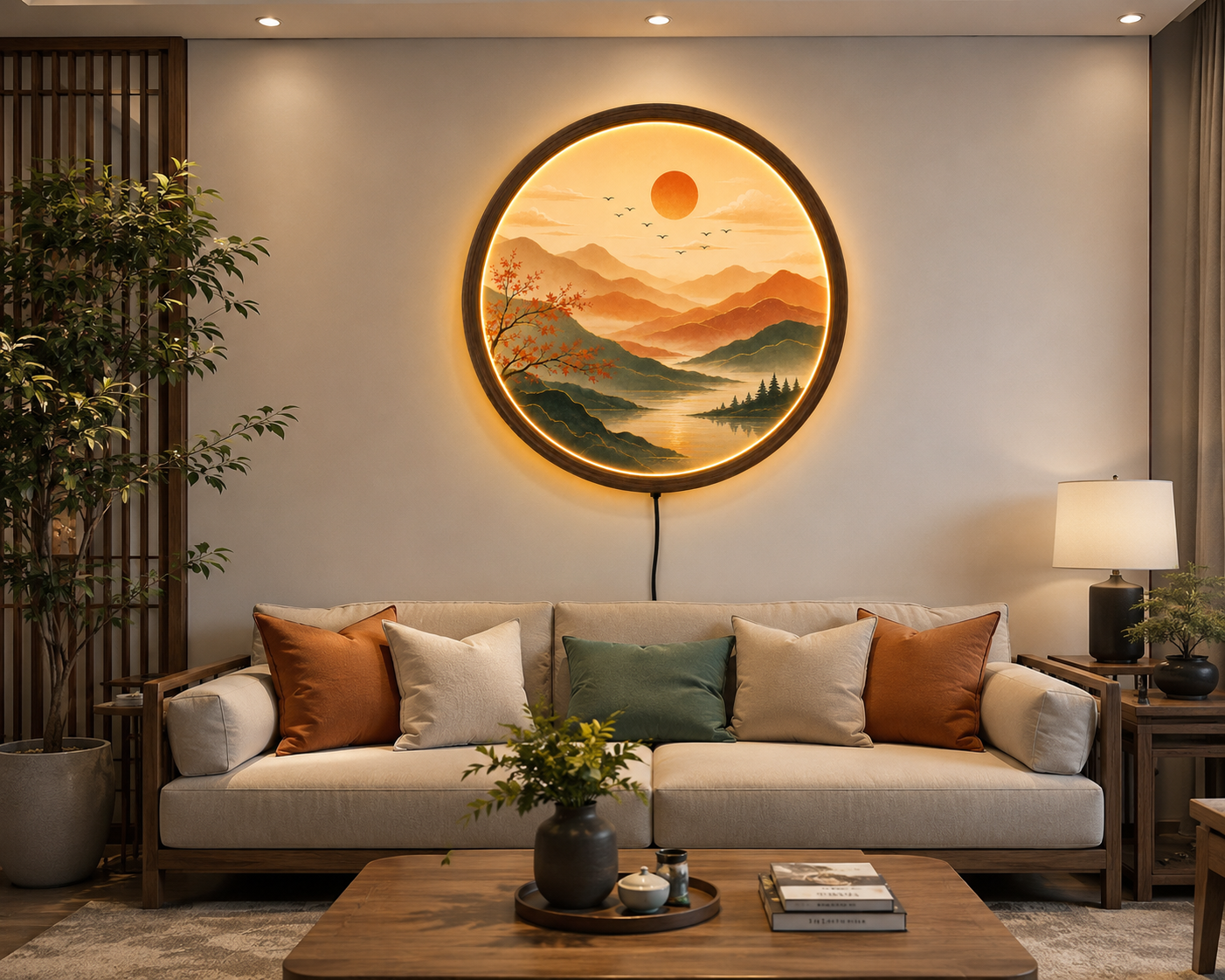 Mountain Landscape LED Wall Art, Round Lighted Wall Decor, Sunset Nature Acrylic Lamp, Wooden Frame, Modern Living Room Decor, Gift
