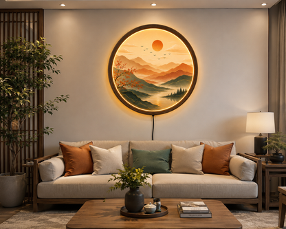 Mountain Landscape LED Wall Art, Round Lighted Wall Decor, Sunset Nature Acrylic Lamp, Wooden Frame, Modern Living Room Decor, Gift