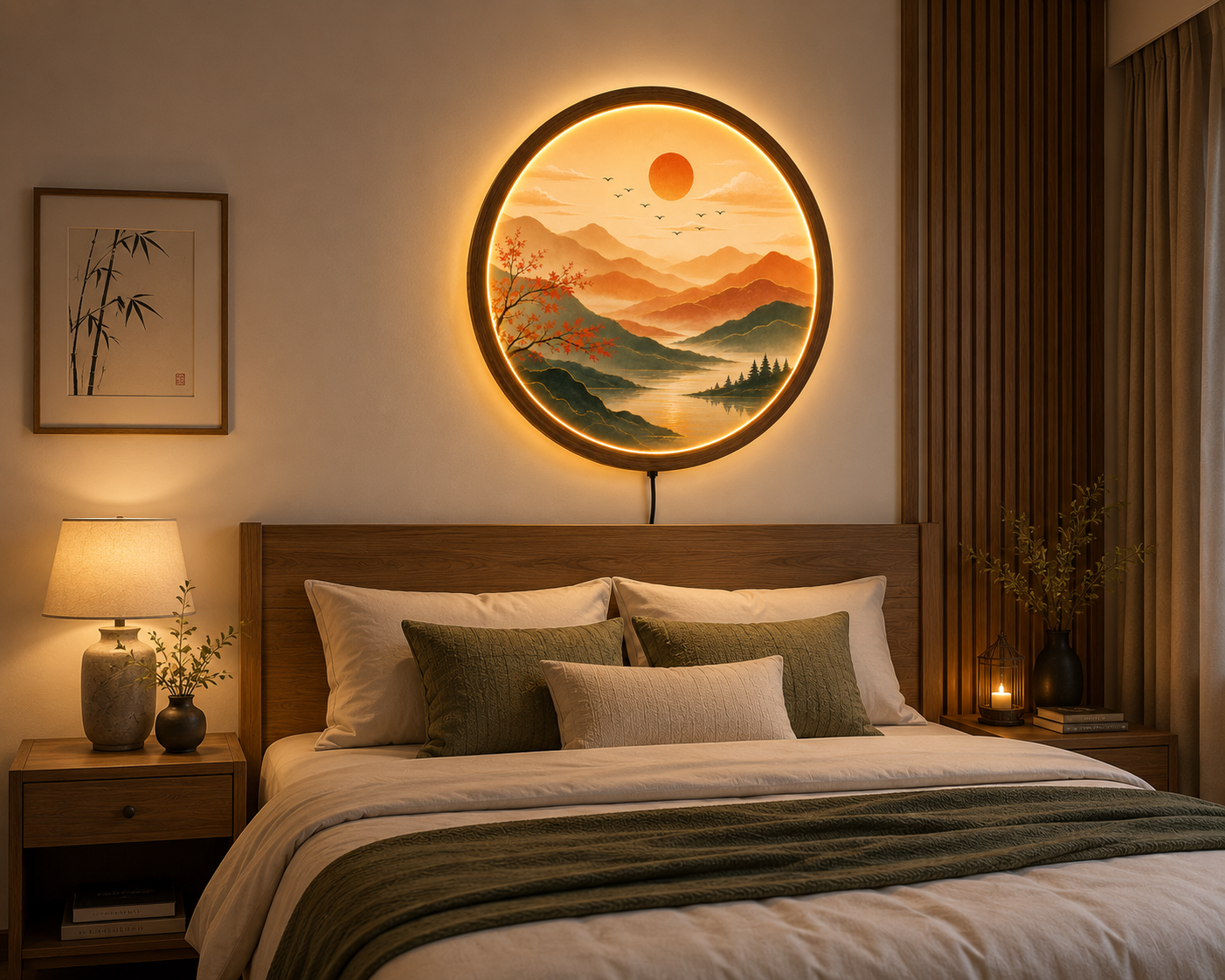 Mountain Landscape LED Wall Art, Round Lighted Wall Decor, Sunset Nature Acrylic Lamp, Wooden Frame, Modern Living Room Decor, Gift