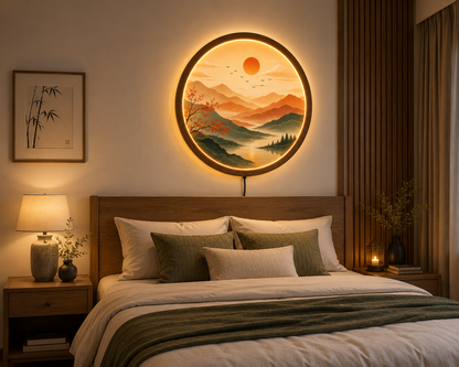 Mountain Landscape LED Wall Art, Round Lighted Wall Decor, Sunset Nature Acrylic Lamp, Wooden Frame, Modern Living Room Decor, Gift