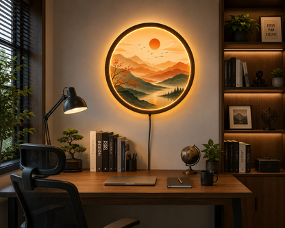 Mountain Landscape LED Wall Art, Round Lighted Wall Decor, Sunset Nature Acrylic Lamp, Wooden Frame, Modern Living Room Decor, Gift