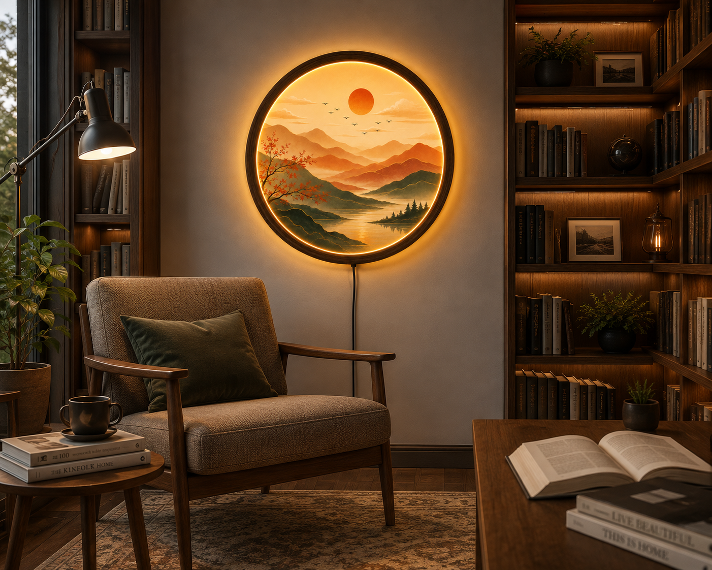 Mountain Landscape LED Wall Art, Round Lighted Wall Decor, Sunset Nature Acrylic Lamp, Wooden Frame, Modern Living Room Decor, Gift