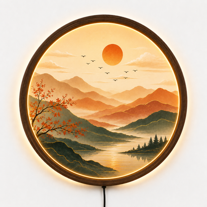 Mountain Landscape LED Wall Art, Round Lighted Wall Decor, Sunset Nature Acrylic Lamp, Wooden Frame, Modern Living Room Decor, Gift