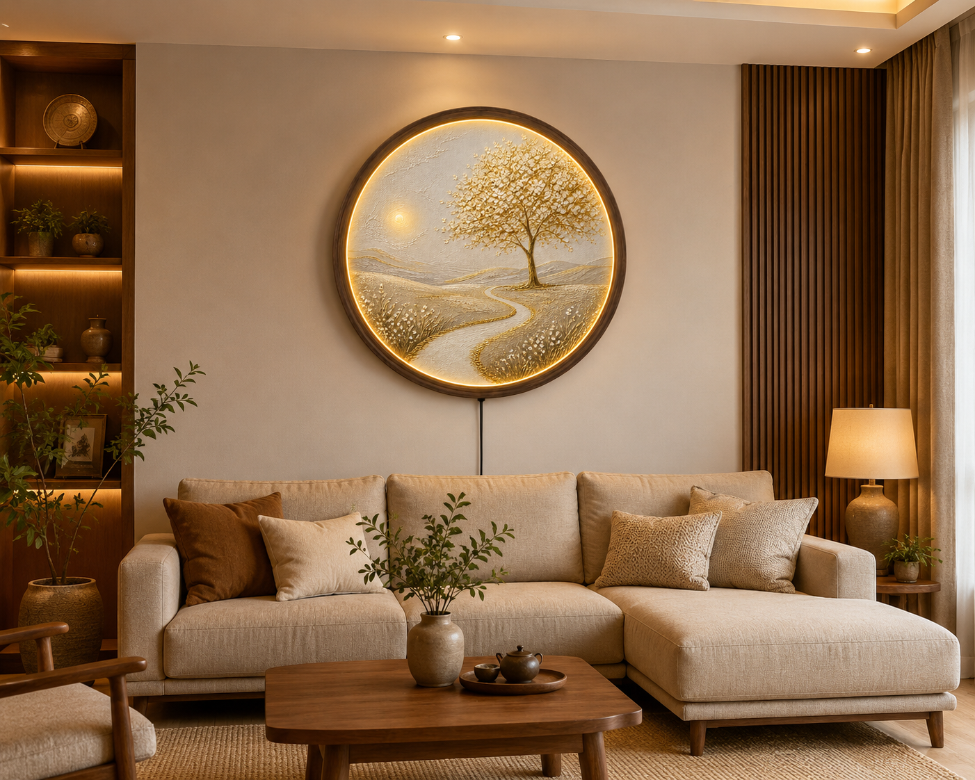 LED Tree of Life Wall Art, Round Lighted Wall Decor, Illuminated Nature Landscape, Acrylic Wooden Frame, Rustic Home Decor, Living Room Gift
