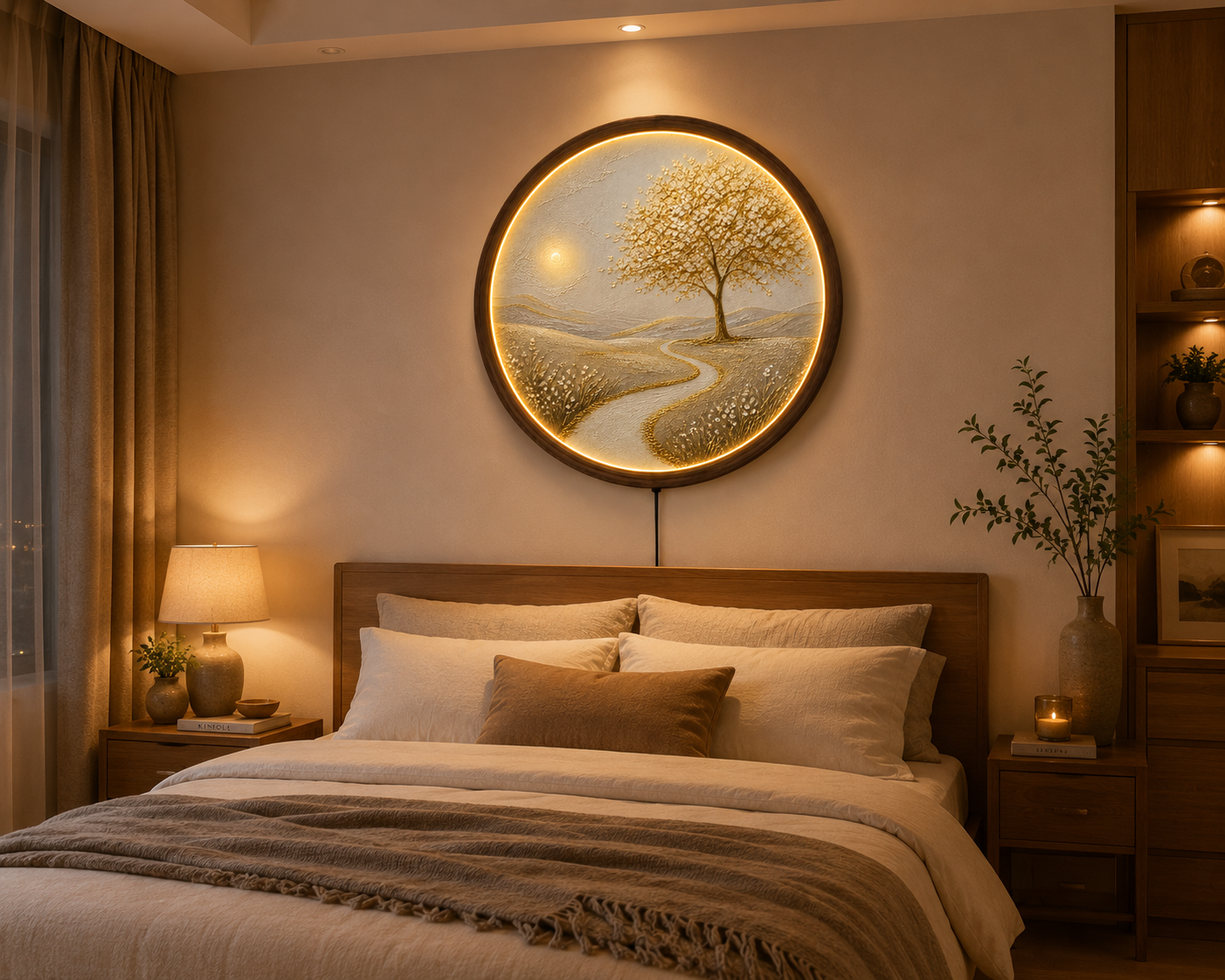 LED Tree of Life Wall Art, Round Lighted Wall Decor, Illuminated Nature Landscape, Acrylic Wooden Frame, Rustic Home Decor, Living Room Gift