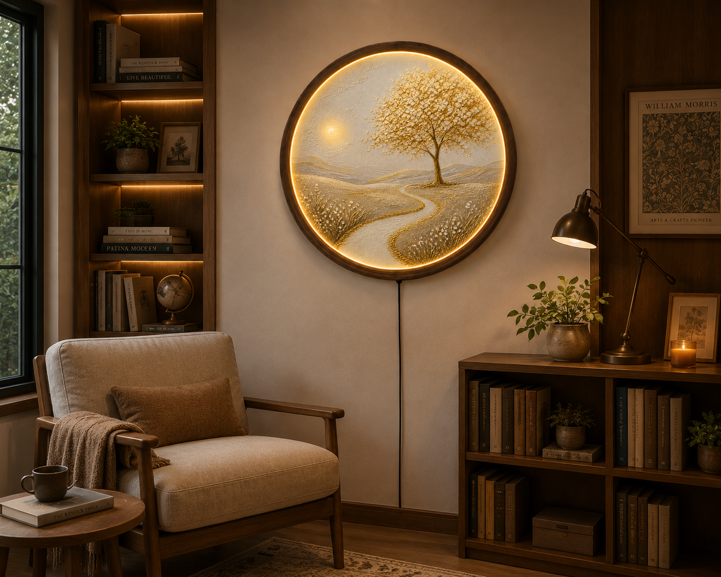 LED Tree of Life Wall Art, Round Lighted Wall Decor, Illuminated Nature Landscape, Acrylic Wooden Frame, Rustic Home Decor, Living Room Gift