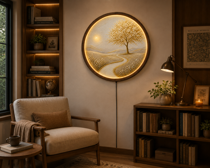 LED Tree of Life Wall Art, Round Lighted Wall Decor, Illuminated Nature Landscape, Acrylic Wooden Frame, Rustic Home Decor, Living Room Gift