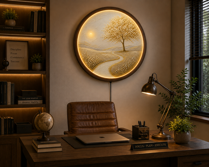 LED Tree of Life Wall Art, Round Lighted Wall Decor, Illuminated Nature Landscape, Acrylic Wooden Frame, Rustic Home Decor, Living Room Gift