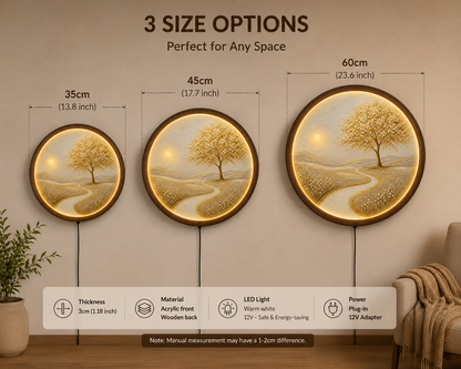 LED Tree of Life Wall Art, Round Lighted Wall Decor, Illuminated Nature Landscape, Acrylic Wooden Frame, Rustic Home Decor, Living Room Gift