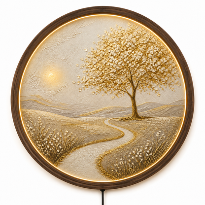 LED Tree of Life Wall Art, Round Lighted Wall Decor, Illuminated Nature Landscape, Acrylic Wooden Frame, Rustic Home Decor, Living Room Gift
