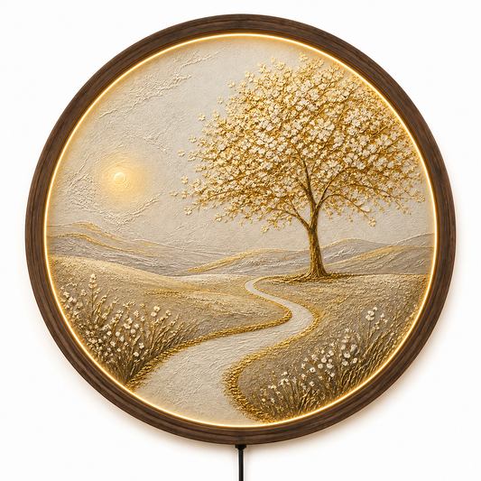 LED Tree of Life Wall Art, Round Lighted Wall Decor, Illuminated Nature Landscape, Acrylic Wooden Frame, Rustic Home Decor, Living Room Gift