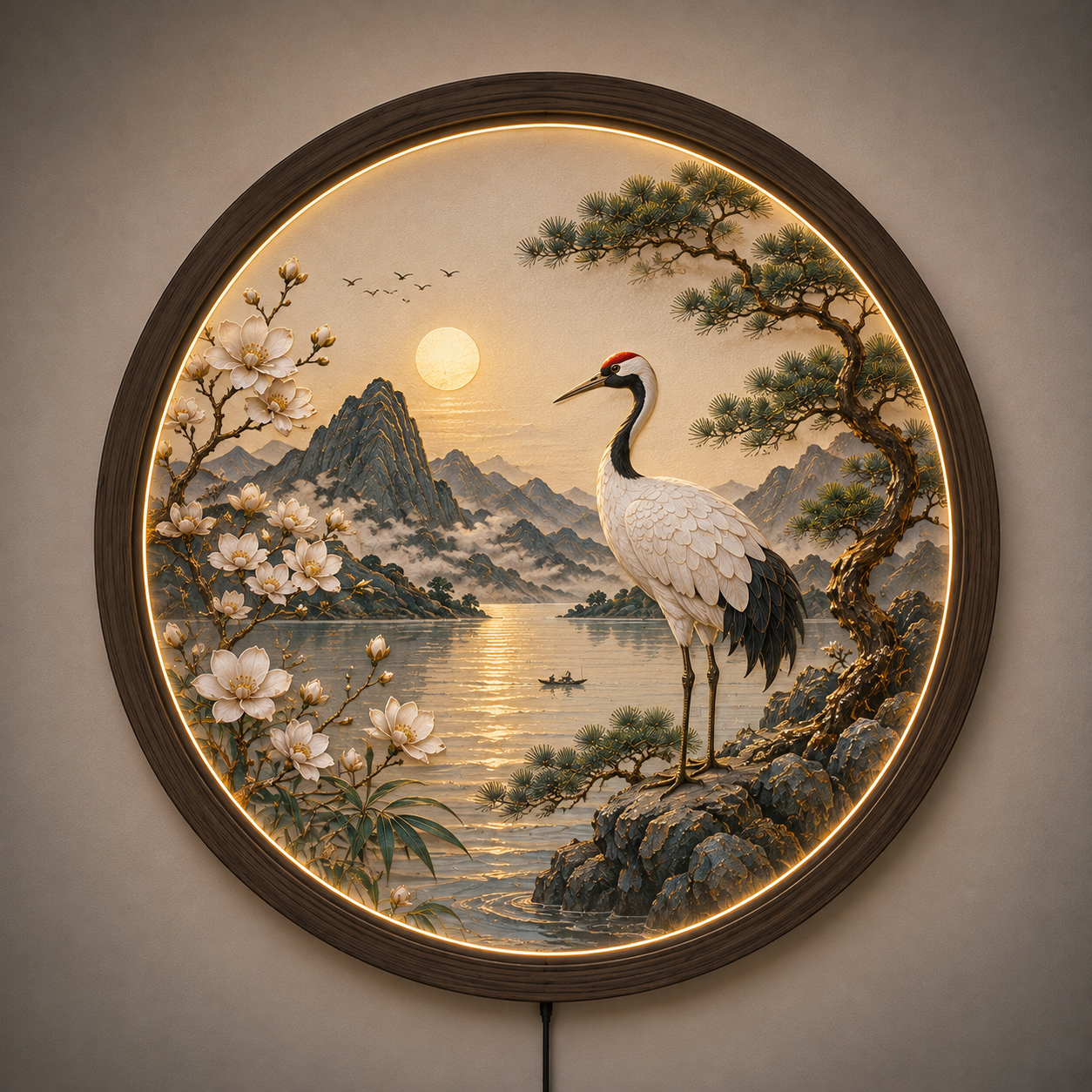Japanese Crane LED Wall Art, Round Lighted Wall Decor, Oriental Landscape with Cherry Blossoms & Pine Tree, Acrylic Wooden Frame, 12V LED Night Light