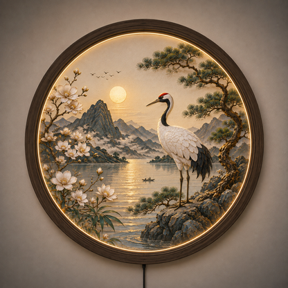 Japanese Crane LED Wall Art, Round Lighted Wall Decor, Oriental Landscape with Cherry Blossoms & Pine Tree, Acrylic Wooden Frame, 12V LED Night Light
