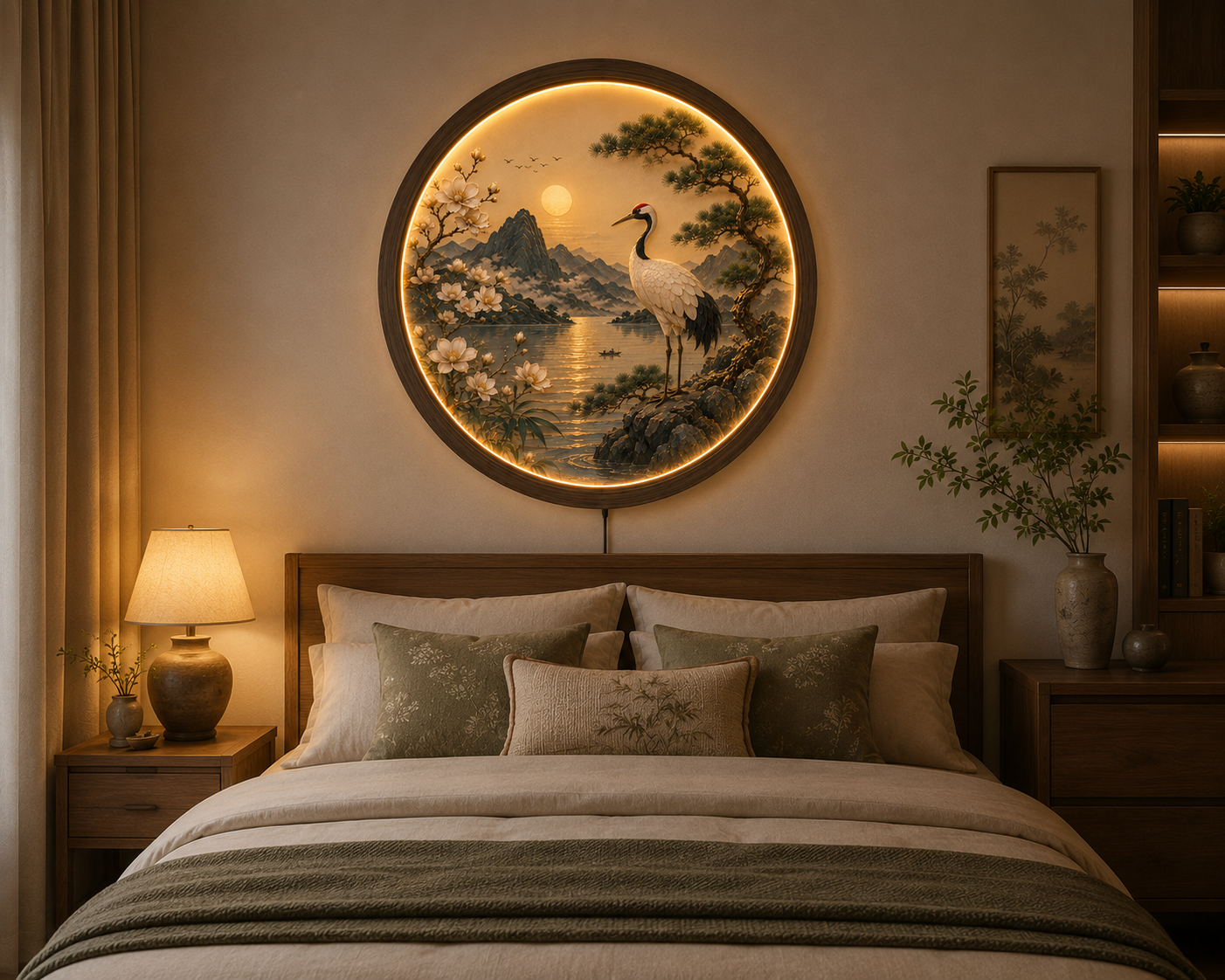 Japanese Crane LED Wall Art, Round Lighted Wall Decor, Oriental Landscape with Cherry Blossoms & Pine Tree, Acrylic Wooden Frame, 12V LED Night Light