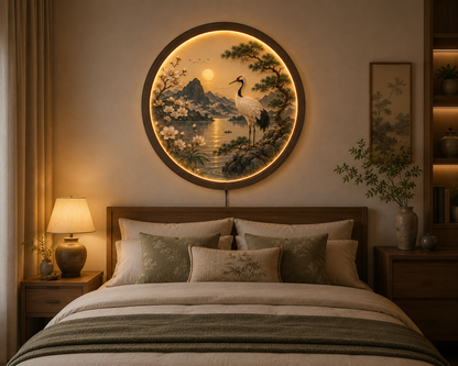 Japanese Crane LED Wall Art, Round Lighted Wall Decor, Oriental Landscape with Cherry Blossoms & Pine Tree, Acrylic Wooden Frame, 12V LED Night Light