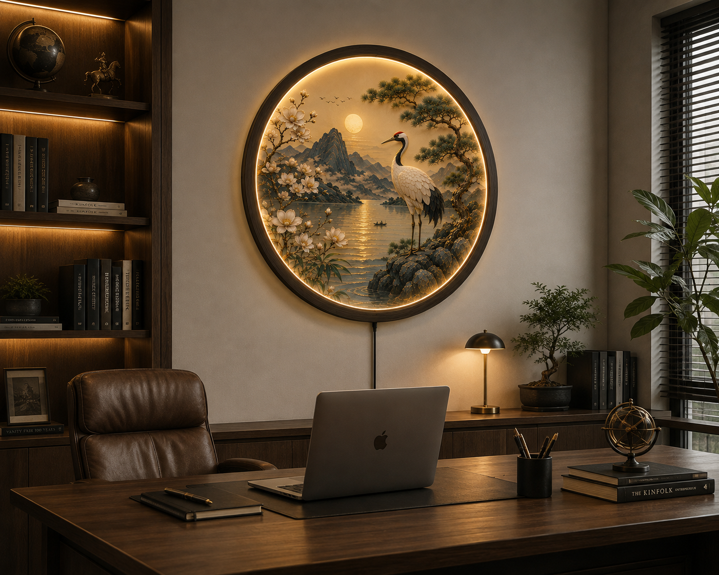 Japanese Crane LED Wall Art, Round Lighted Wall Decor, Oriental Landscape with Cherry Blossoms & Pine Tree, Acrylic Wooden Frame, 12V LED Night Light