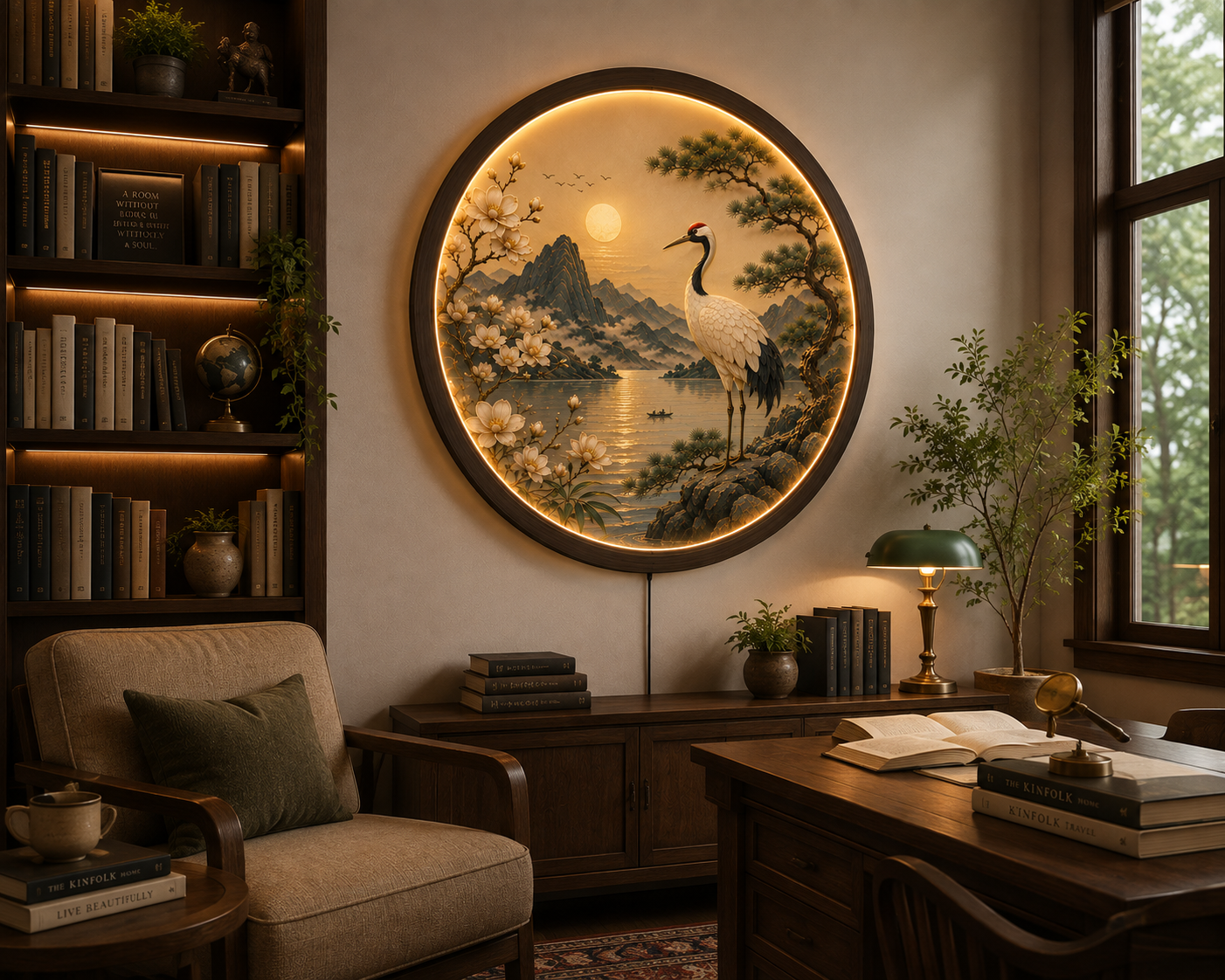 Japanese Crane LED Wall Art, Round Lighted Wall Decor, Oriental Landscape with Cherry Blossoms & Pine Tree, Acrylic Wooden Frame, 12V LED Night Light