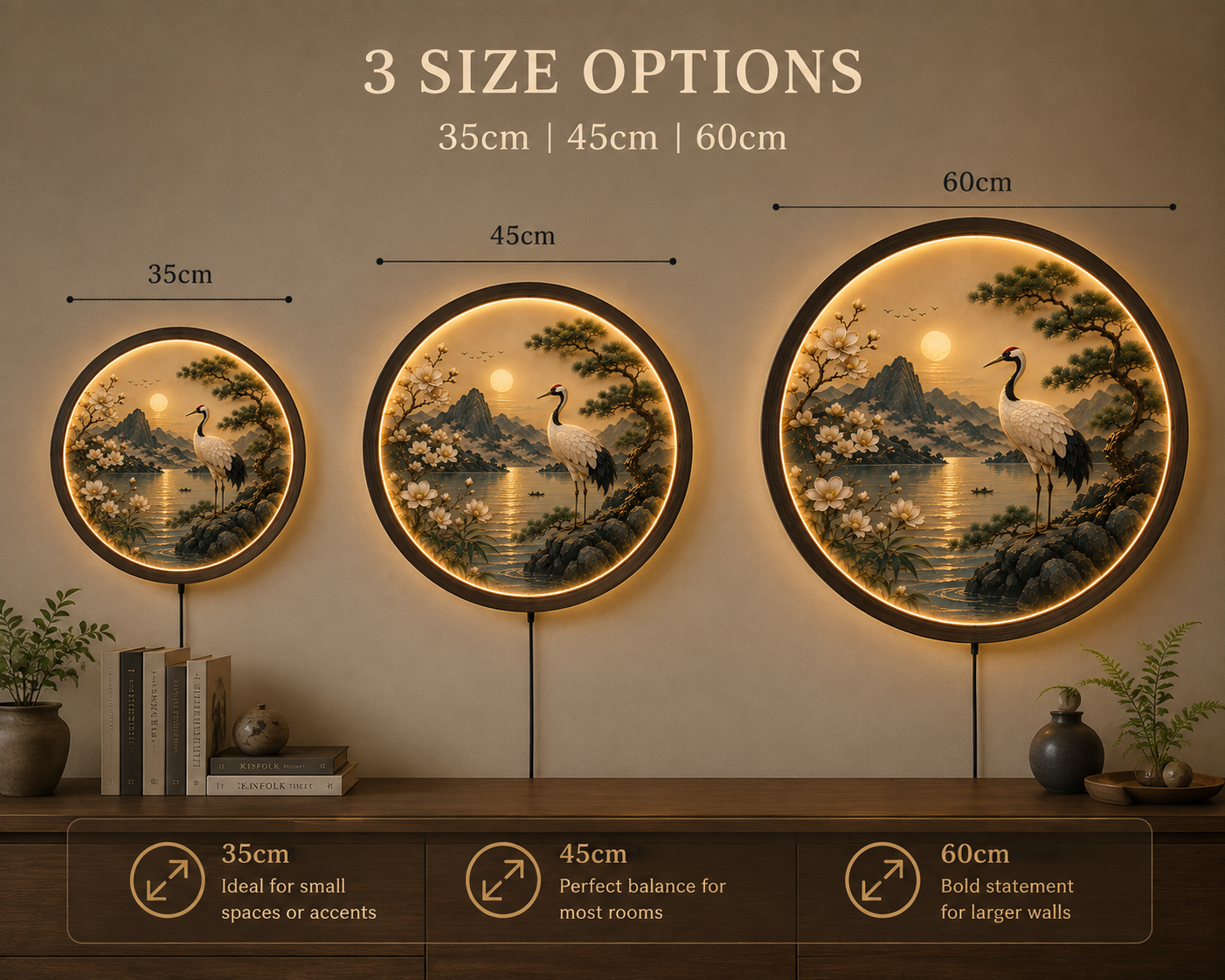 Japanese Crane LED Wall Art, Round Lighted Wall Decor, Oriental Landscape with Cherry Blossoms & Pine Tree, Acrylic Wooden Frame, 12V LED Night Light