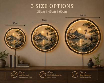 Japanese Crane LED Wall Art, Round Lighted Wall Decor, Oriental Landscape with Cherry Blossoms & Pine Tree, Acrylic Wooden Frame, 12V LED Night Light