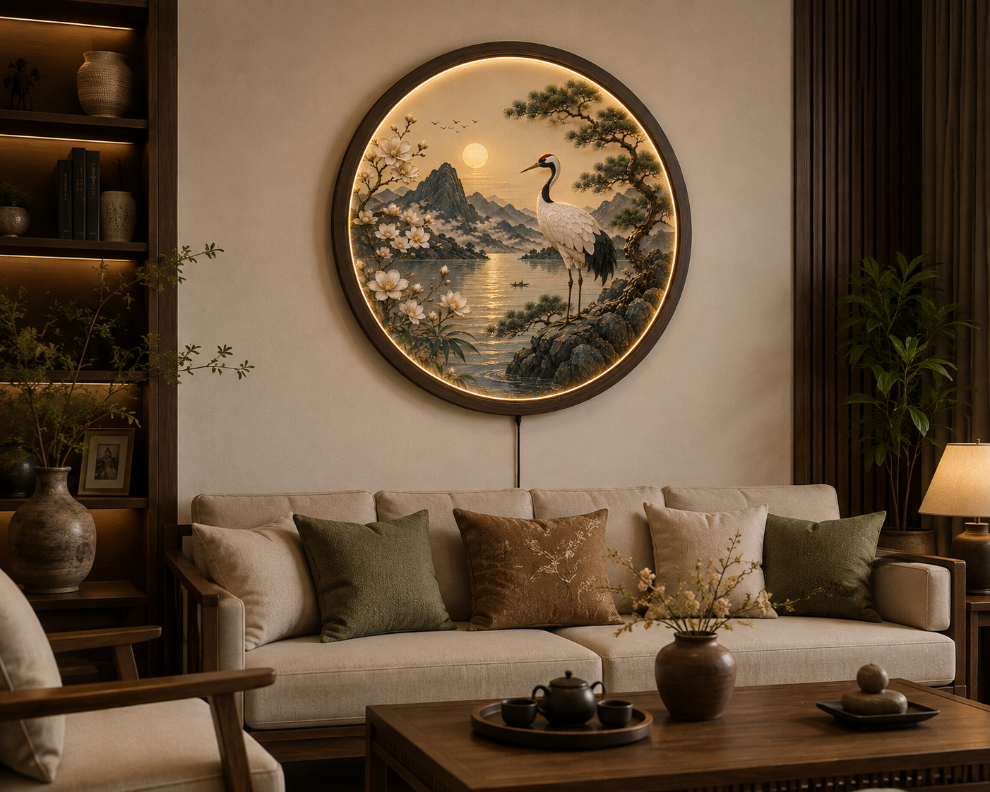 Japanese Crane LED Wall Art, Round Lighted Wall Decor, Oriental Landscape with Cherry Blossoms & Pine Tree, Acrylic Wooden Frame, 12V LED Night Light