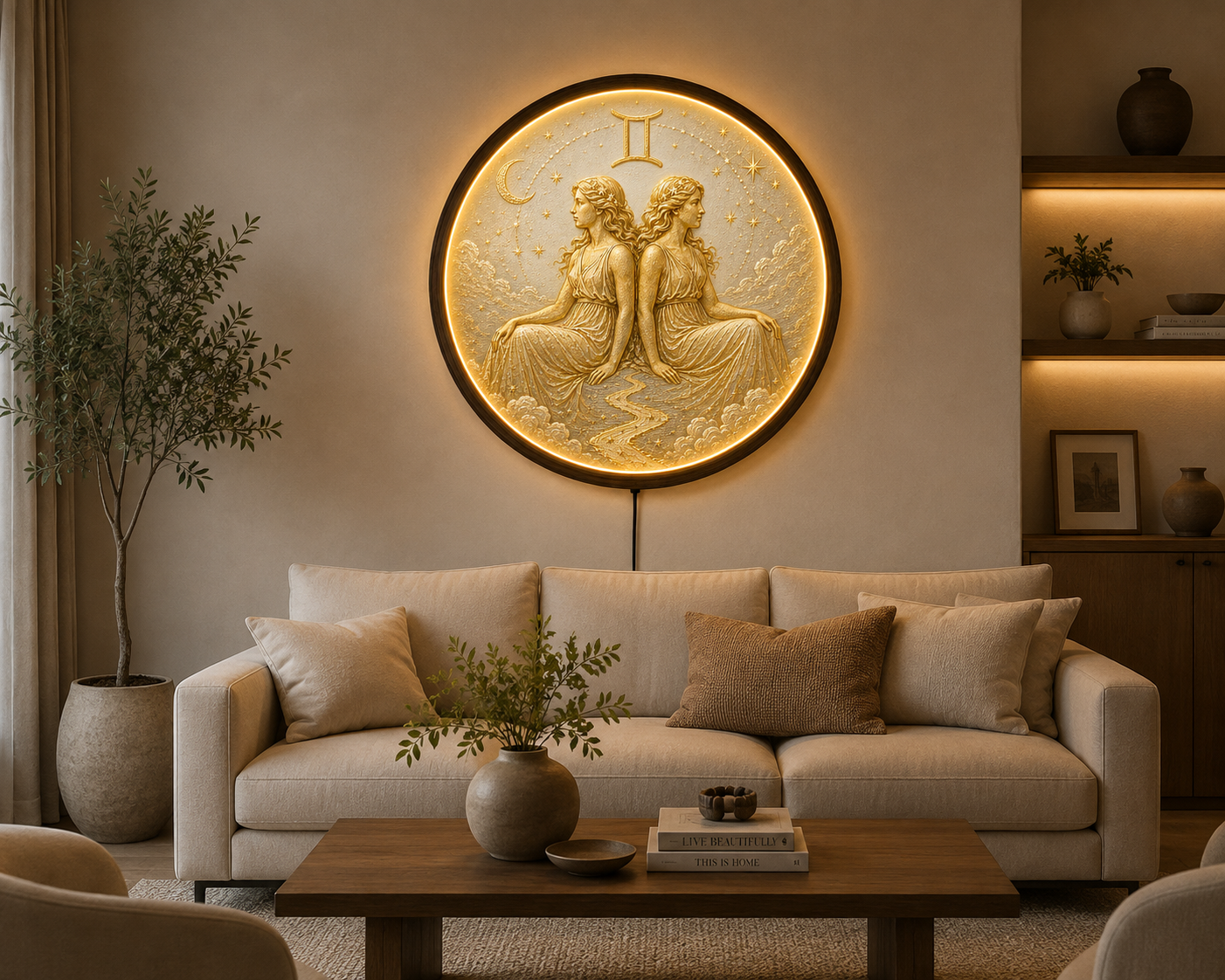 Gemini Zodiac LED Wall Art, Astrology Twins Lighted Wall Decor, Celestial Moon Star Round Acrylic Lamp, Horoscope Gift, Wooden Frame
