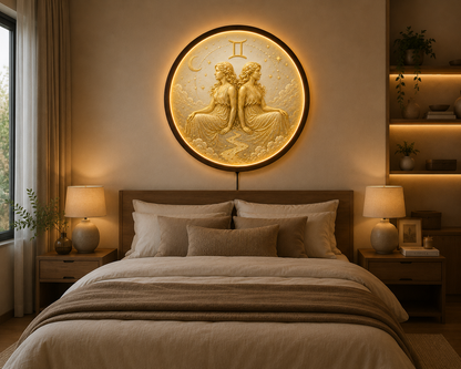 Gemini Zodiac LED Wall Art, Astrology Twins Lighted Wall Decor, Celestial Moon Star Round Acrylic Lamp, Horoscope Gift, Wooden Frame