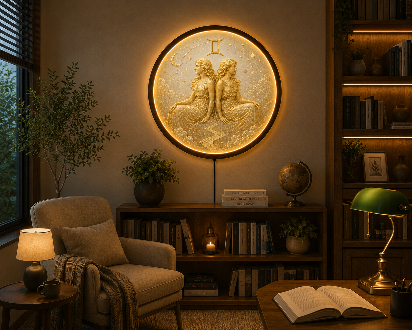 Gemini Zodiac LED Wall Art, Astrology Twins Lighted Wall Decor, Celestial Moon Star Round Acrylic Lamp, Horoscope Gift, Wooden Frame